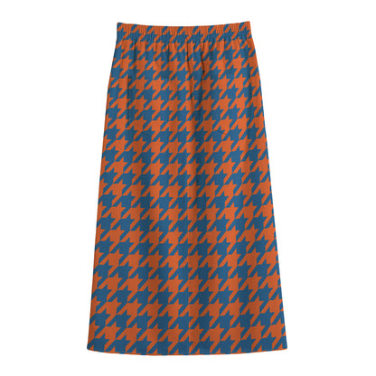Orange And Blue Houndstooth Print Cotton Front Slit Maxi Skirt