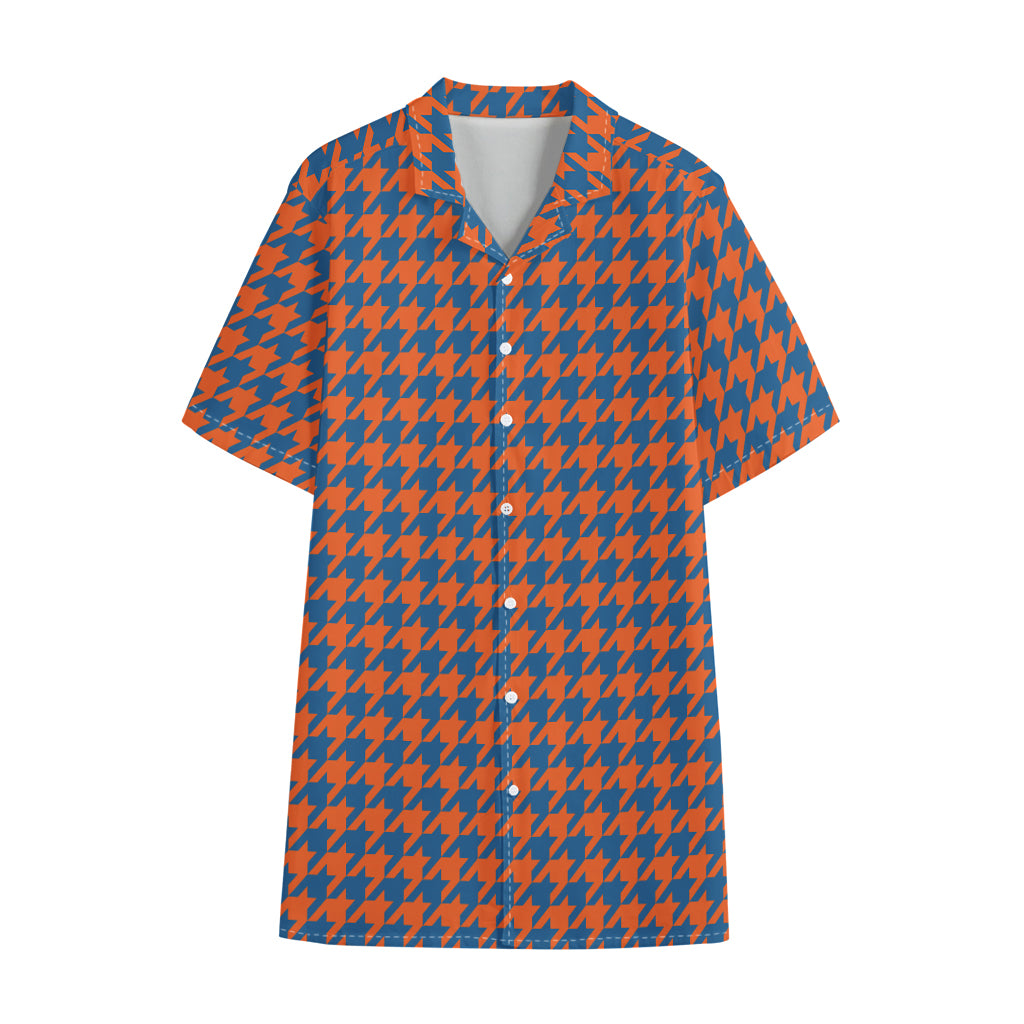 Orange And Blue Houndstooth Print Cotton Hawaiian Shirt