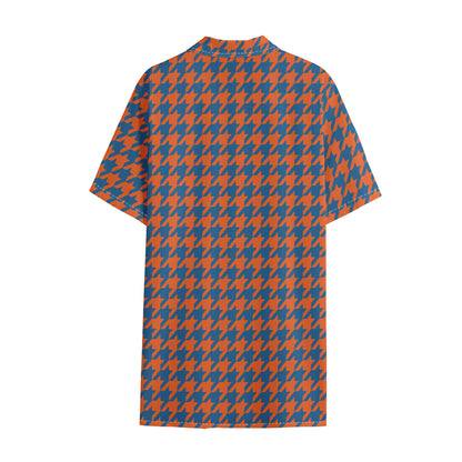 Orange And Blue Houndstooth Print Cotton Hawaiian Shirt