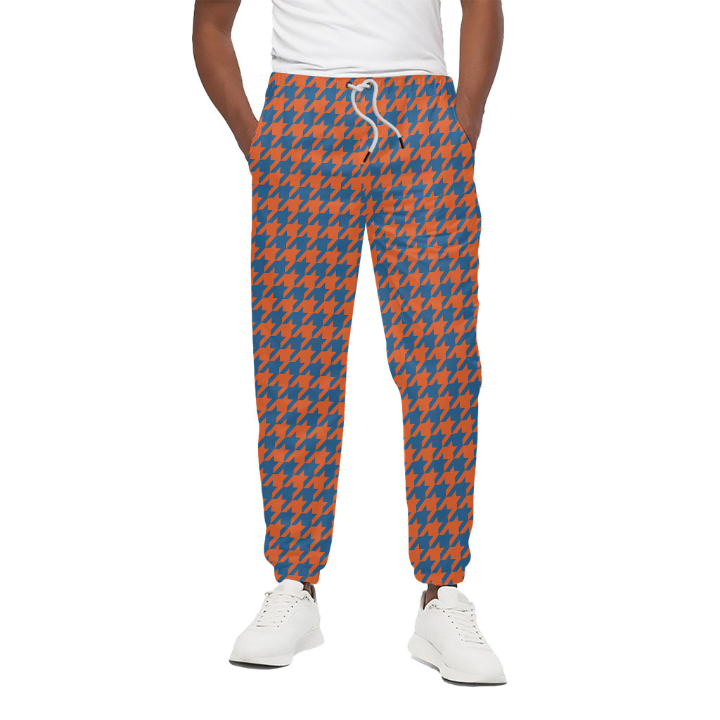 Orange And Blue Houndstooth Print Cotton Pants