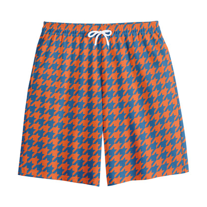 Orange And Blue Houndstooth Print Cotton Shorts
