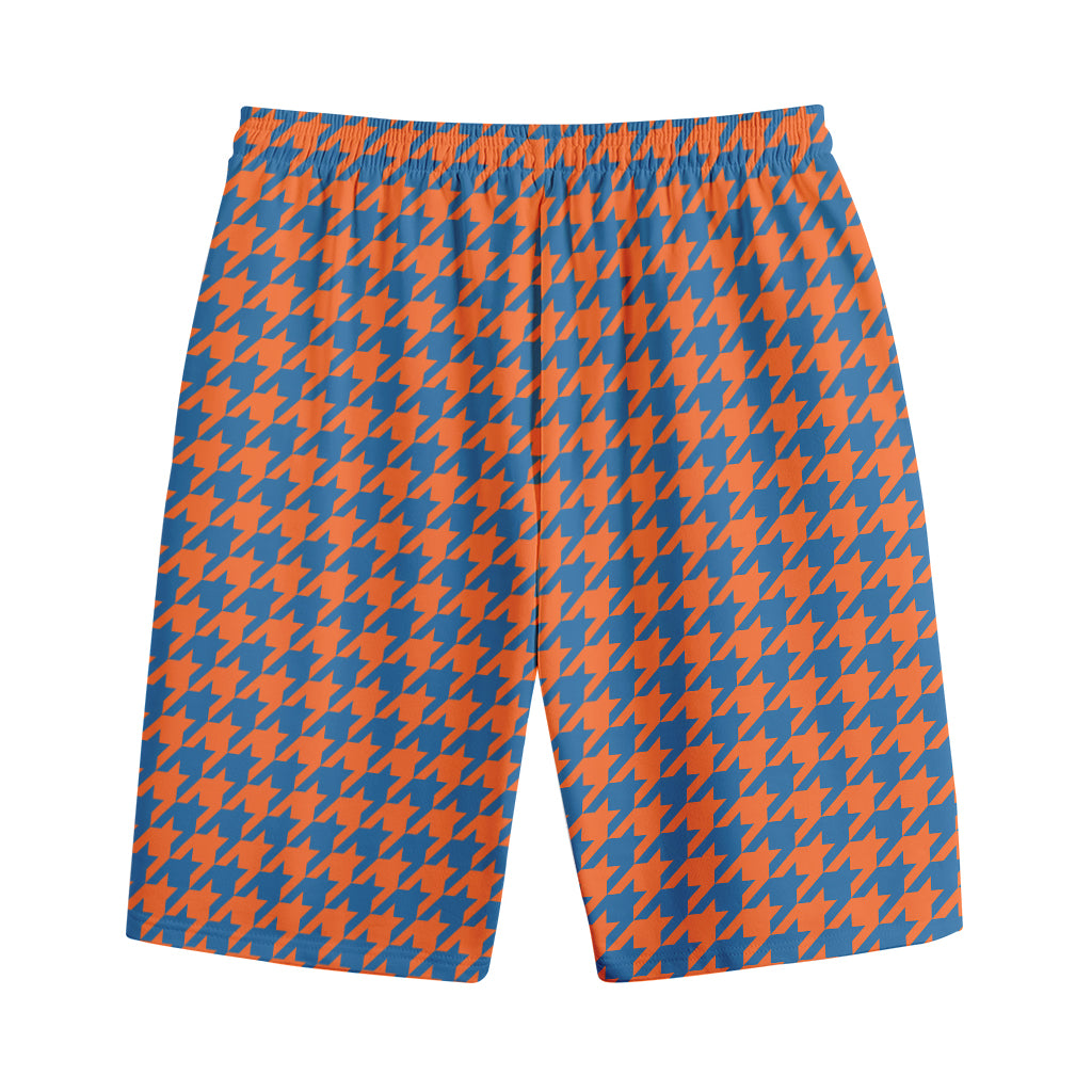 Orange And Blue Houndstooth Print Cotton Shorts
