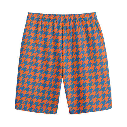 Orange And Blue Houndstooth Print Cotton Shorts