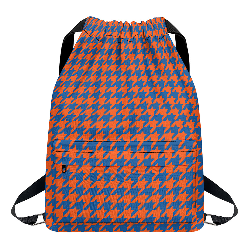 Orange And Blue Houndstooth Print Drawstring Backpack