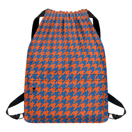 Orange And Blue Houndstooth Print Drawstring Backpack