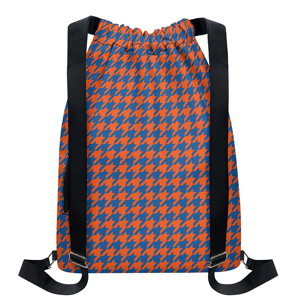 Orange And Blue Houndstooth Print Drawstring Backpack