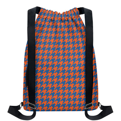 Orange And Blue Houndstooth Print Drawstring Backpack