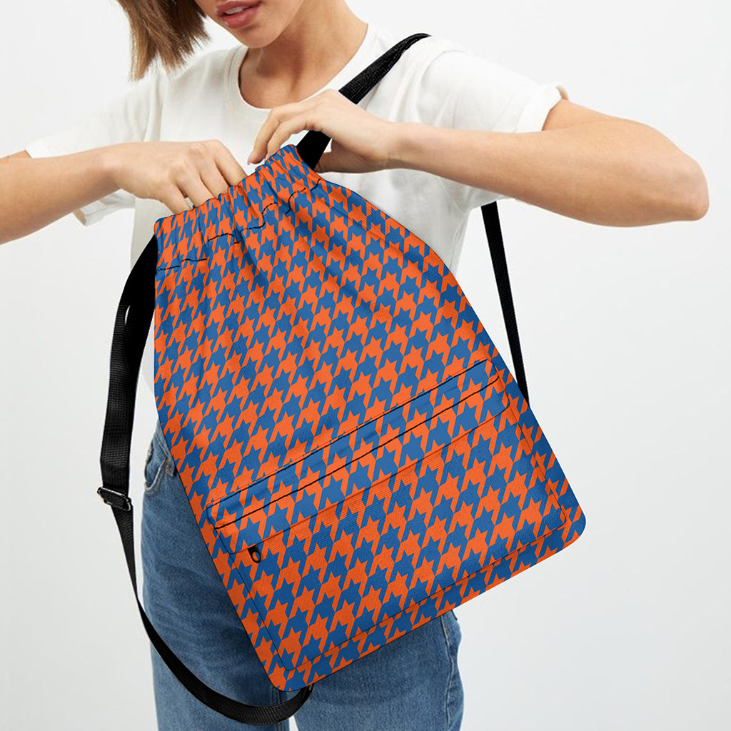 Orange And Blue Houndstooth Print Drawstring Backpack