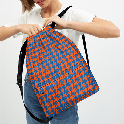 Orange And Blue Houndstooth Print Drawstring Backpack