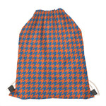 Orange And Blue Houndstooth Print Drawstring Bag