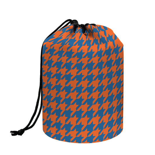 Orange And Blue Houndstooth Print Drawstring Makeup Bag