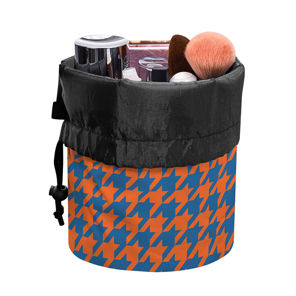 Orange And Blue Houndstooth Print Drawstring Makeup Bag