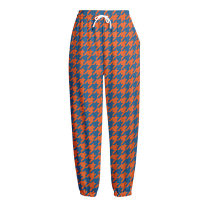 Orange And Blue Houndstooth Print Fleece Lined Knit Pants