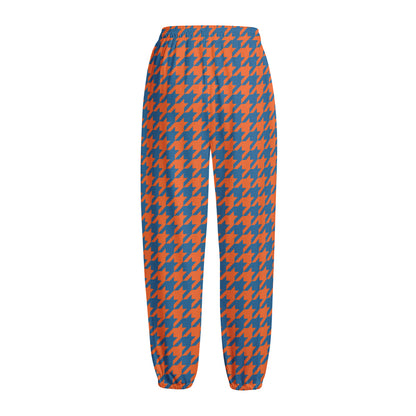 Orange And Blue Houndstooth Print Fleece Lined Knit Pants