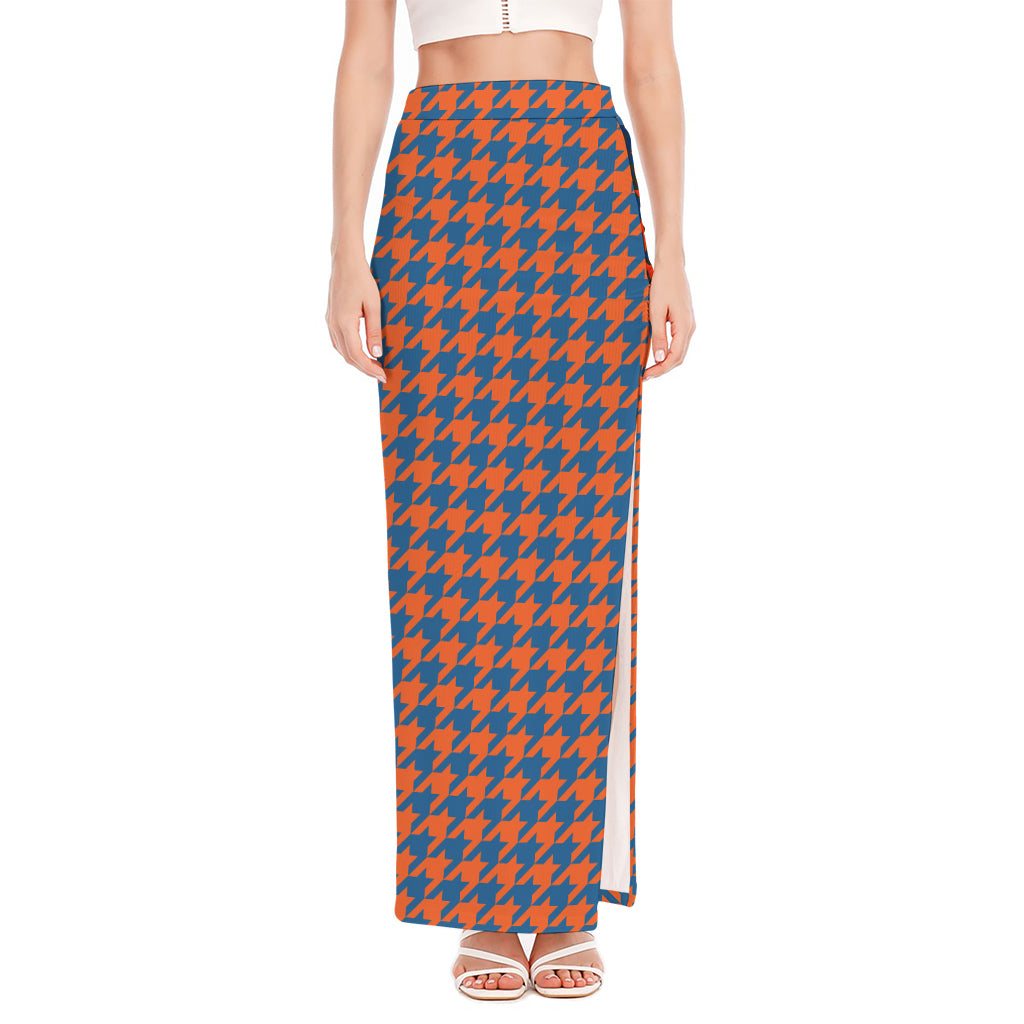 Orange And Blue Houndstooth Print High Slit Maxi Skirt