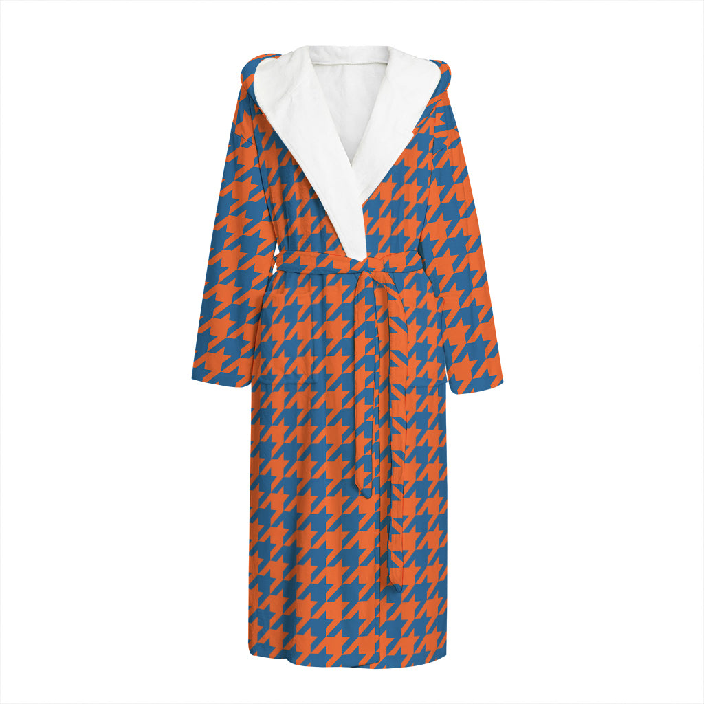 Orange And Blue Houndstooth Print Hooded Bathrobe