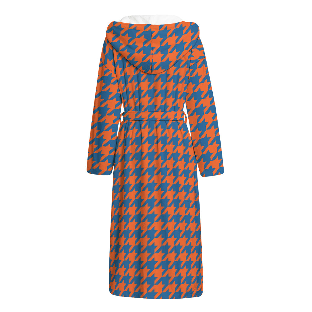 Orange And Blue Houndstooth Print Hooded Bathrobe