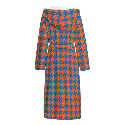 Orange And Blue Houndstooth Print Hooded Bathrobe