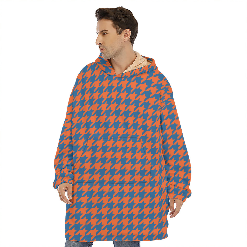 Orange And Blue Houndstooth Print Hoodie Blanket