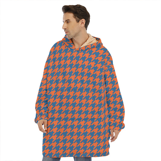 Orange And Blue Houndstooth Print Hoodie Blanket