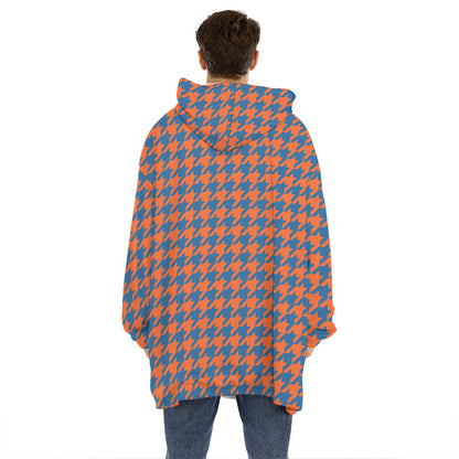 Orange And Blue Houndstooth Print Hoodie Blanket