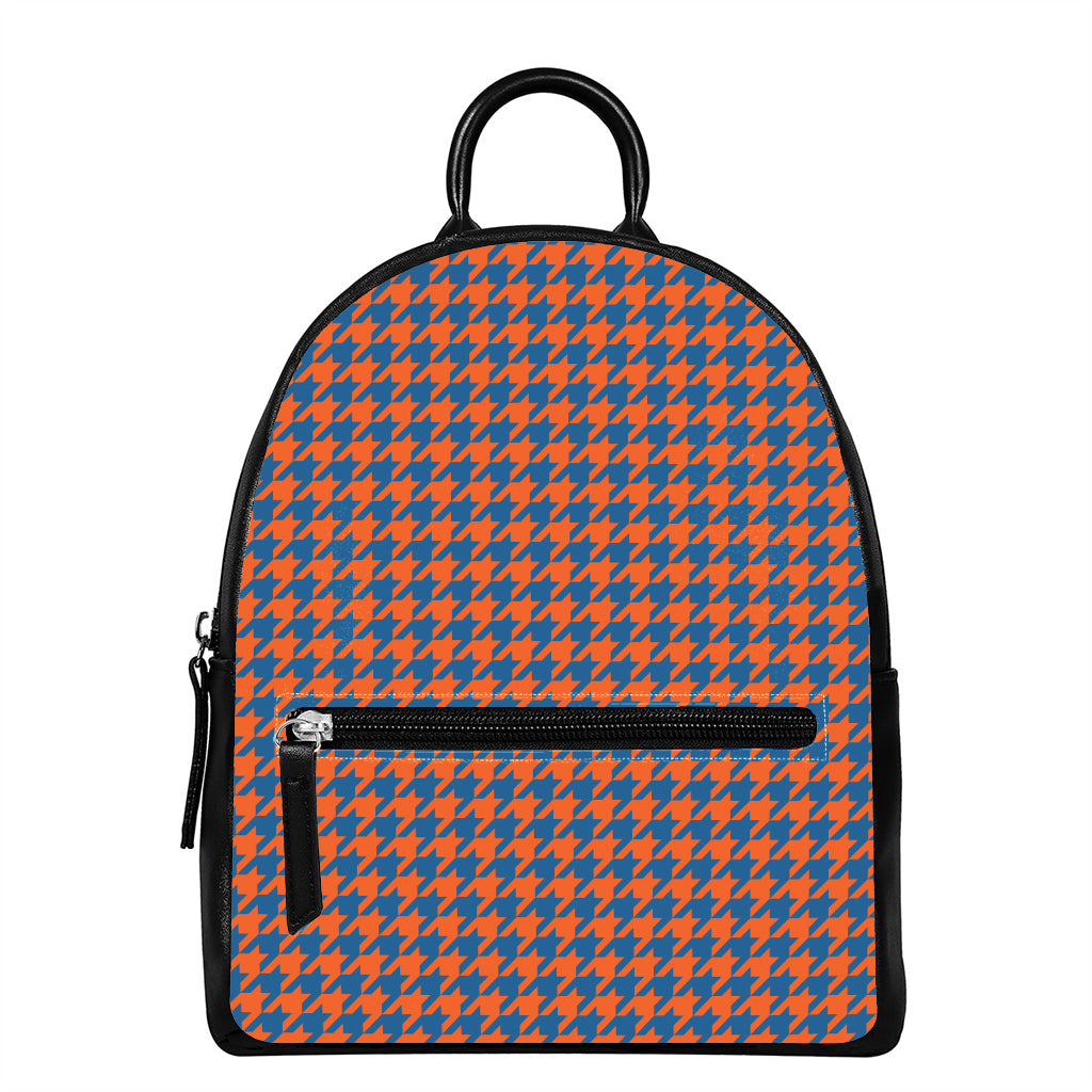 Orange And Blue Houndstooth Print Leather Backpack