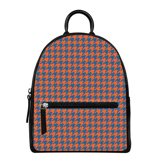 Orange And Blue Houndstooth Print Leather Backpack