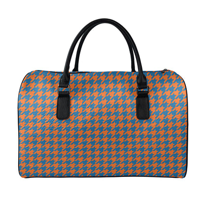 Orange And Blue Houndstooth Print Leather Duffle Bag