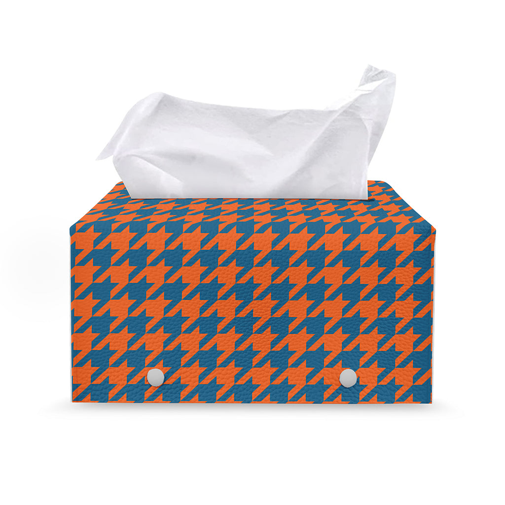 Orange And Blue Houndstooth Print Leather Tissue Box Cover