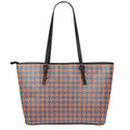 Orange And Blue Houndstooth Print Leather Tote Bag With Zipper