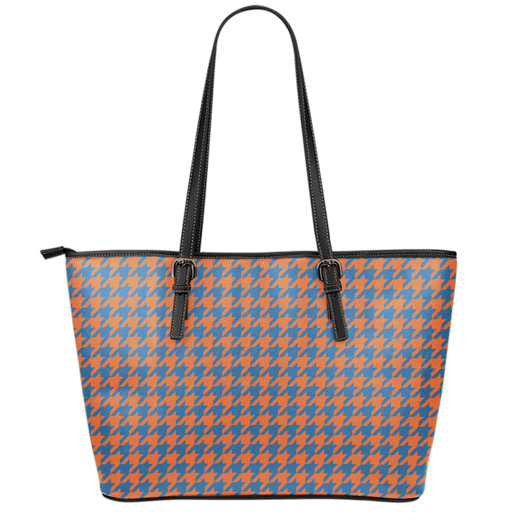 Orange And Blue Houndstooth Print Leather Tote Bag