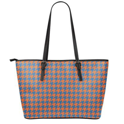 Orange And Blue Houndstooth Print Leather Tote Bag