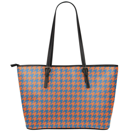 Orange And Blue Houndstooth Print Leather Tote Bag
