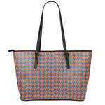 Orange And Blue Houndstooth Print Leather Tote Bag