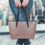 Orange And Blue Houndstooth Print Leather Tote Bag