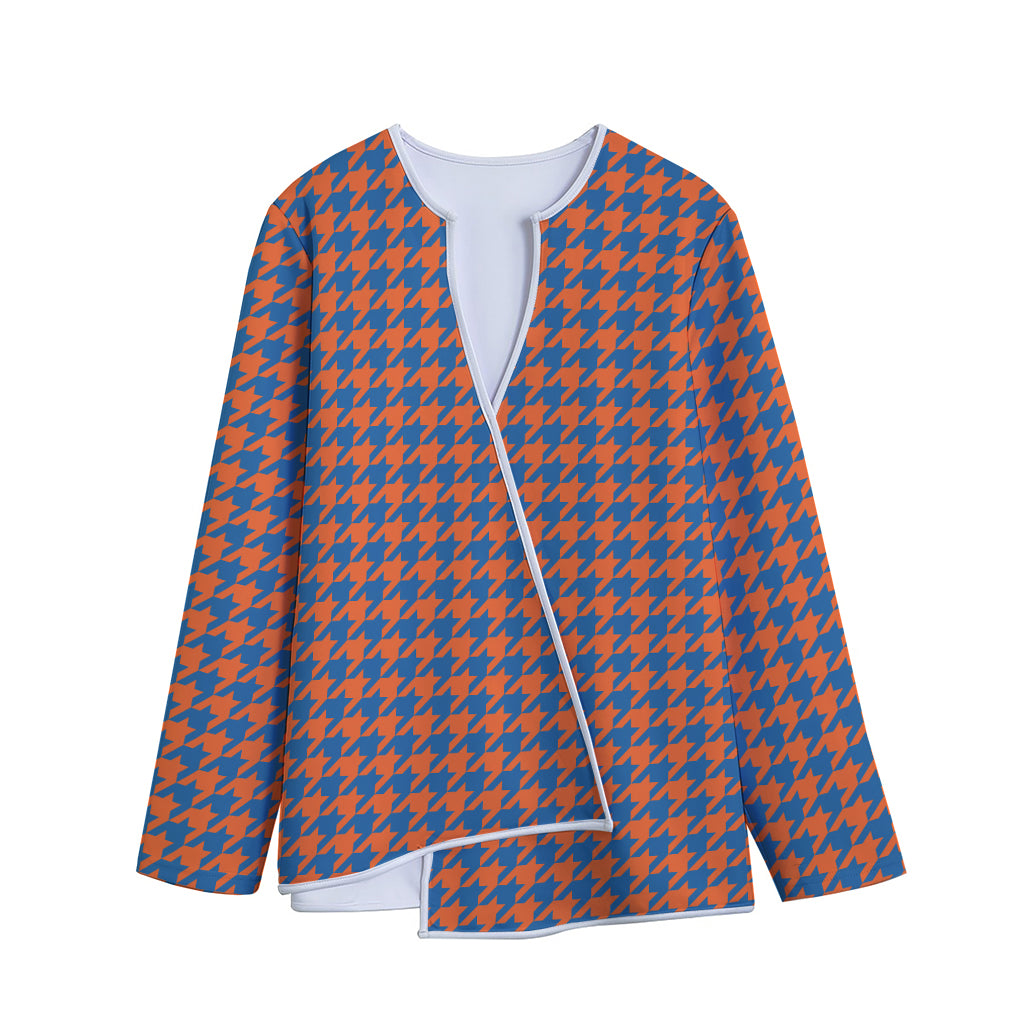 Orange And Blue Houndstooth Print Long Sleeve Short Coat
