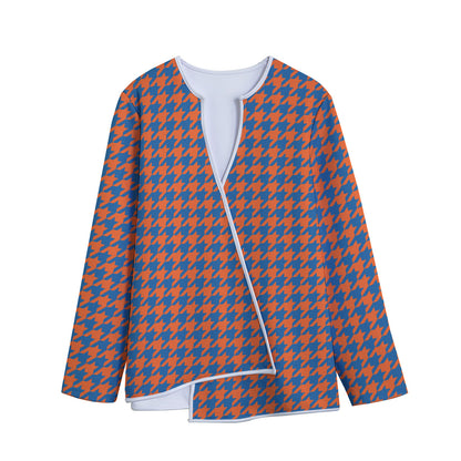 Orange And Blue Houndstooth Print Long Sleeve Short Coat