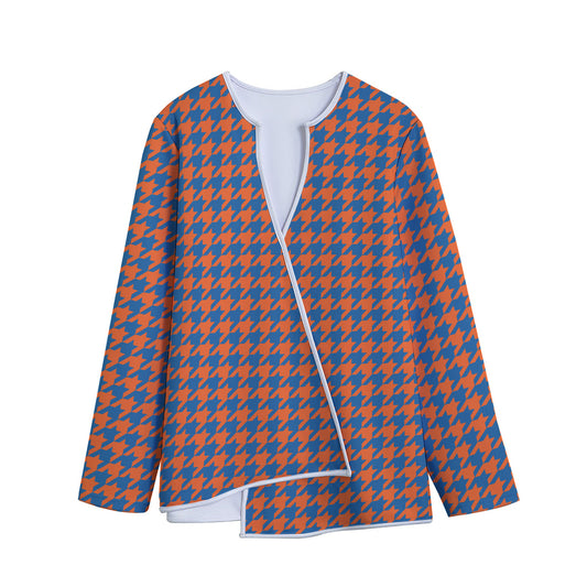 Orange And Blue Houndstooth Print Long Sleeve Short Coat