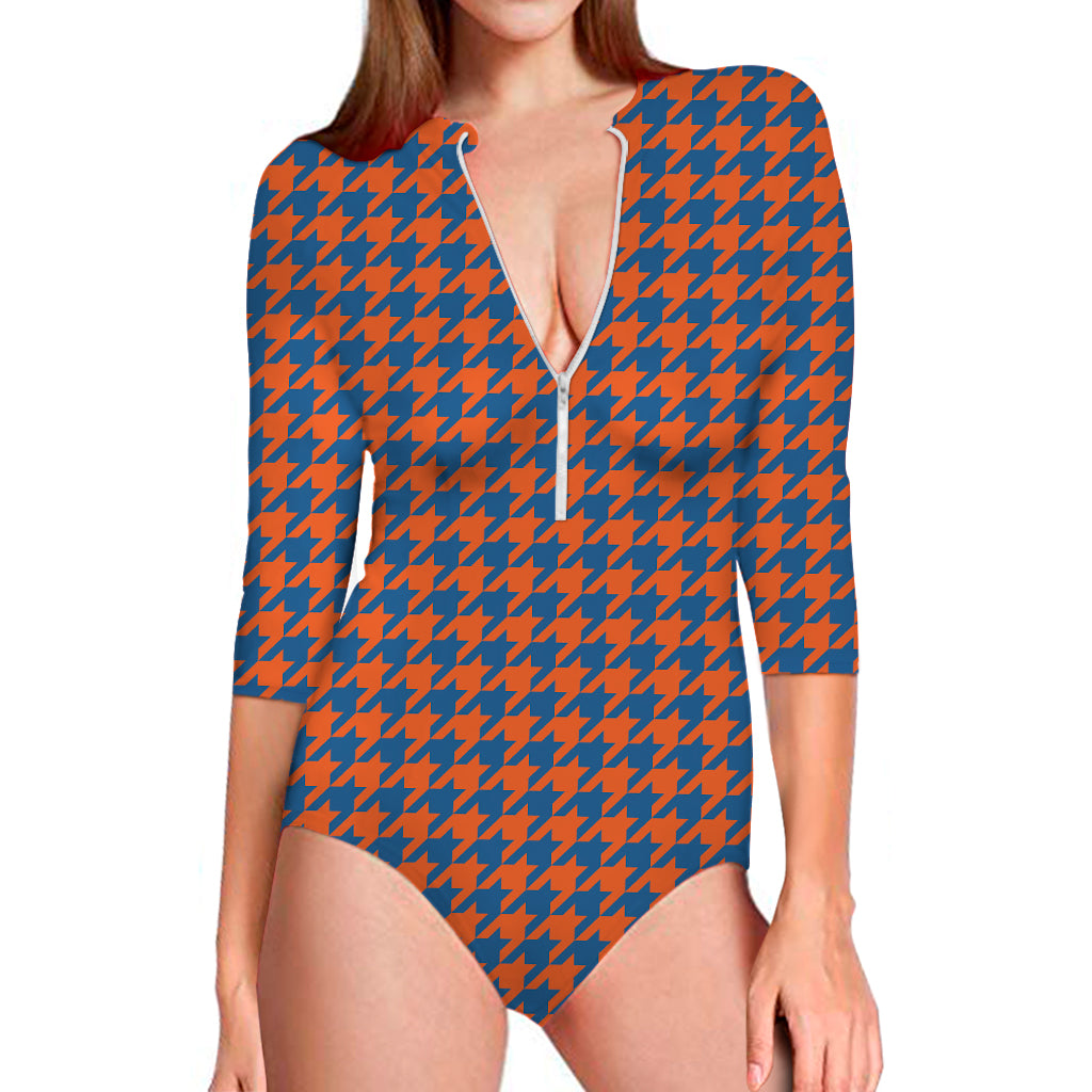 Orange And Blue Houndstooth Print Long Sleeve Swimsuit