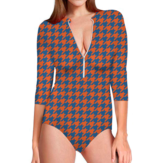 Orange And Blue Houndstooth Print Long Sleeve Swimsuit