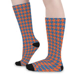 Orange And Blue Houndstooth Print Long Socks