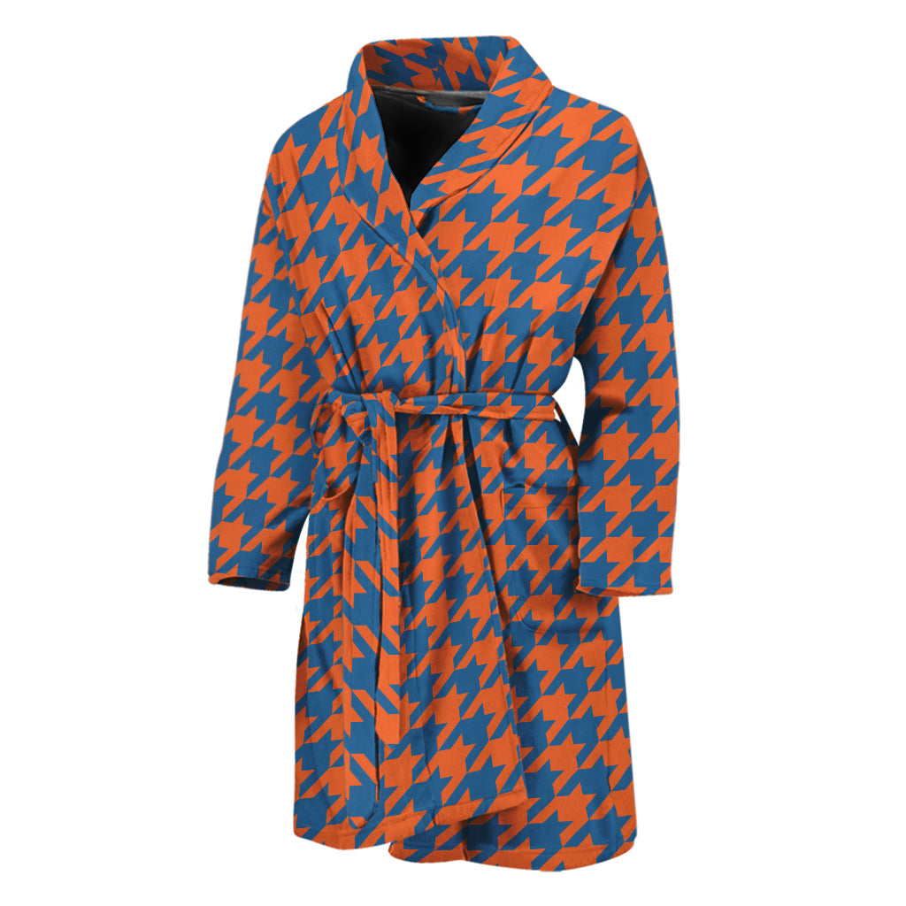 Orange And Blue Houndstooth Print Men's Bathrobe