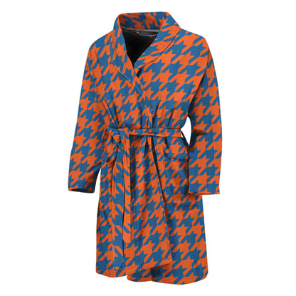 Orange And Blue Houndstooth Print Men's Bathrobe