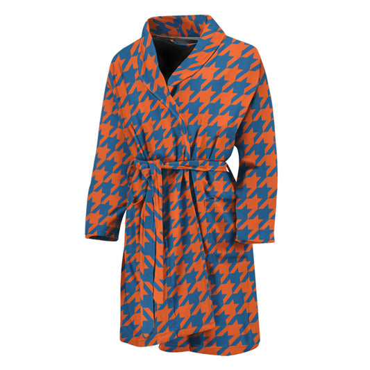 Orange And Blue Houndstooth Print Men's Bathrobe