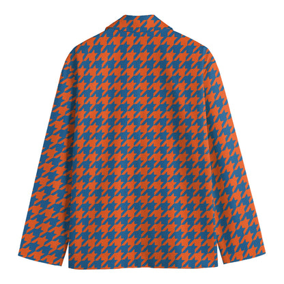 Orange And Blue Houndstooth Print Men's Blazer
