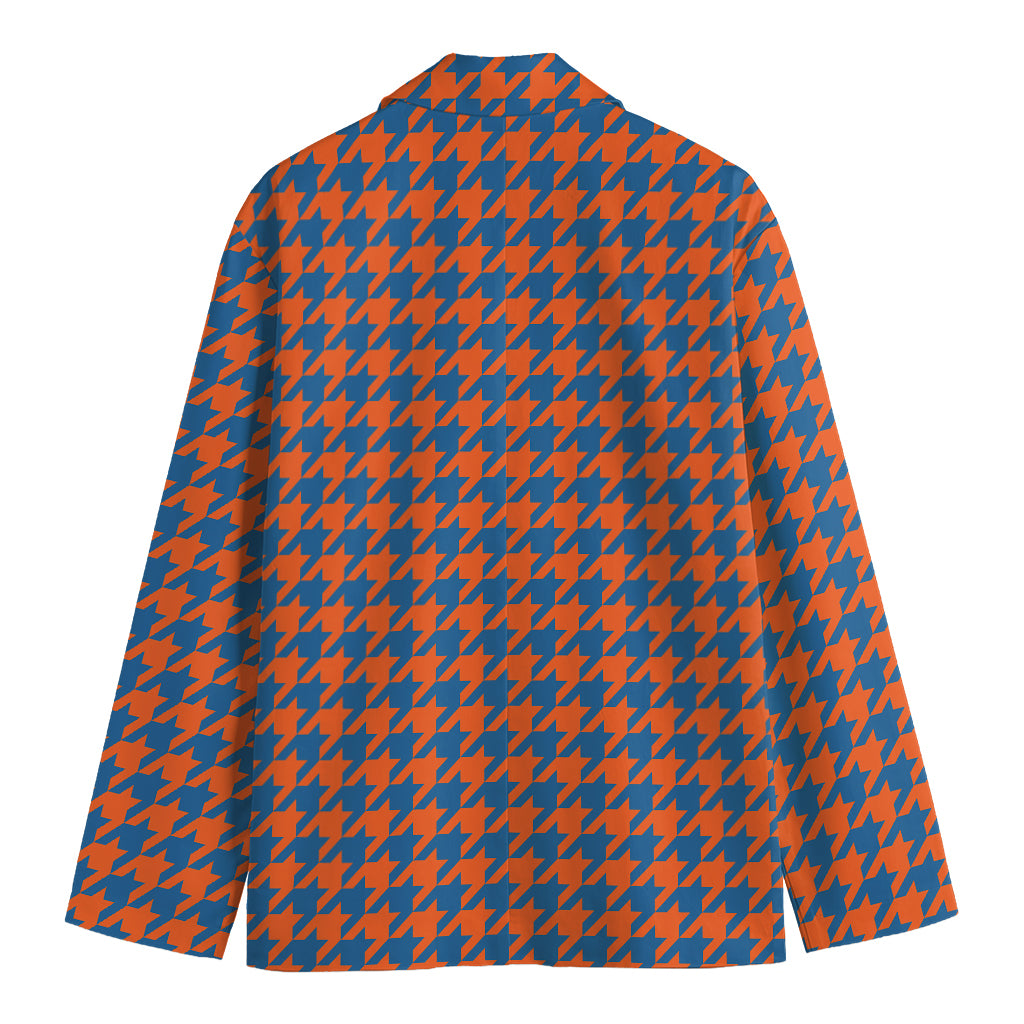Orange And Blue Houndstooth Print Men's Cotton Blazer
