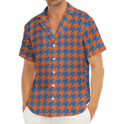 Orange And Blue Houndstooth Print Men's Deep V-Neck Shirt