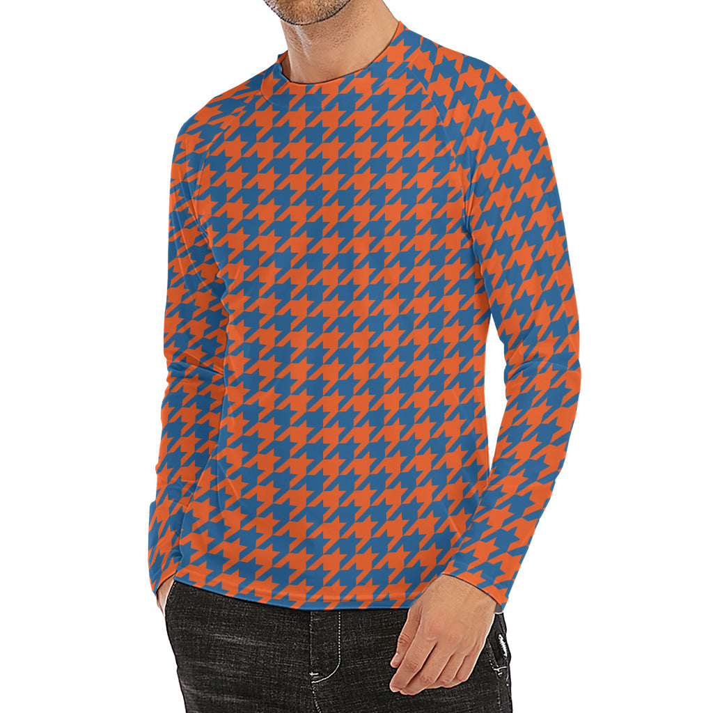 Orange And Blue Houndstooth Print Men's Long Sleeve Rash Guard