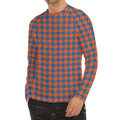Orange And Blue Houndstooth Print Men's Long Sleeve Rash Guard