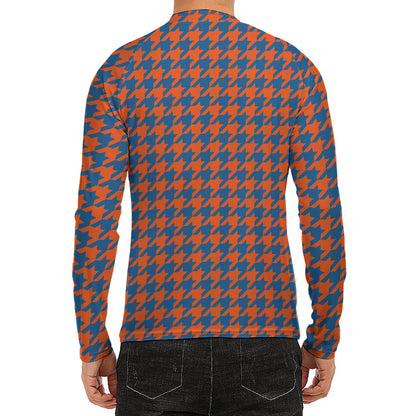 Orange And Blue Houndstooth Print Men's Long Sleeve Rash Guard